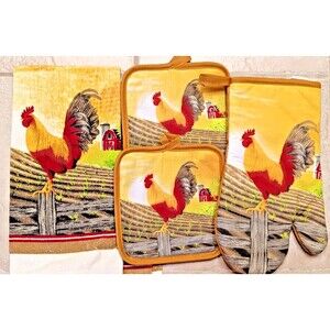 Rooster On Country Fence Barn  Kitchen Towels Potholders Oven Mitt 5-Pc Gift NEW